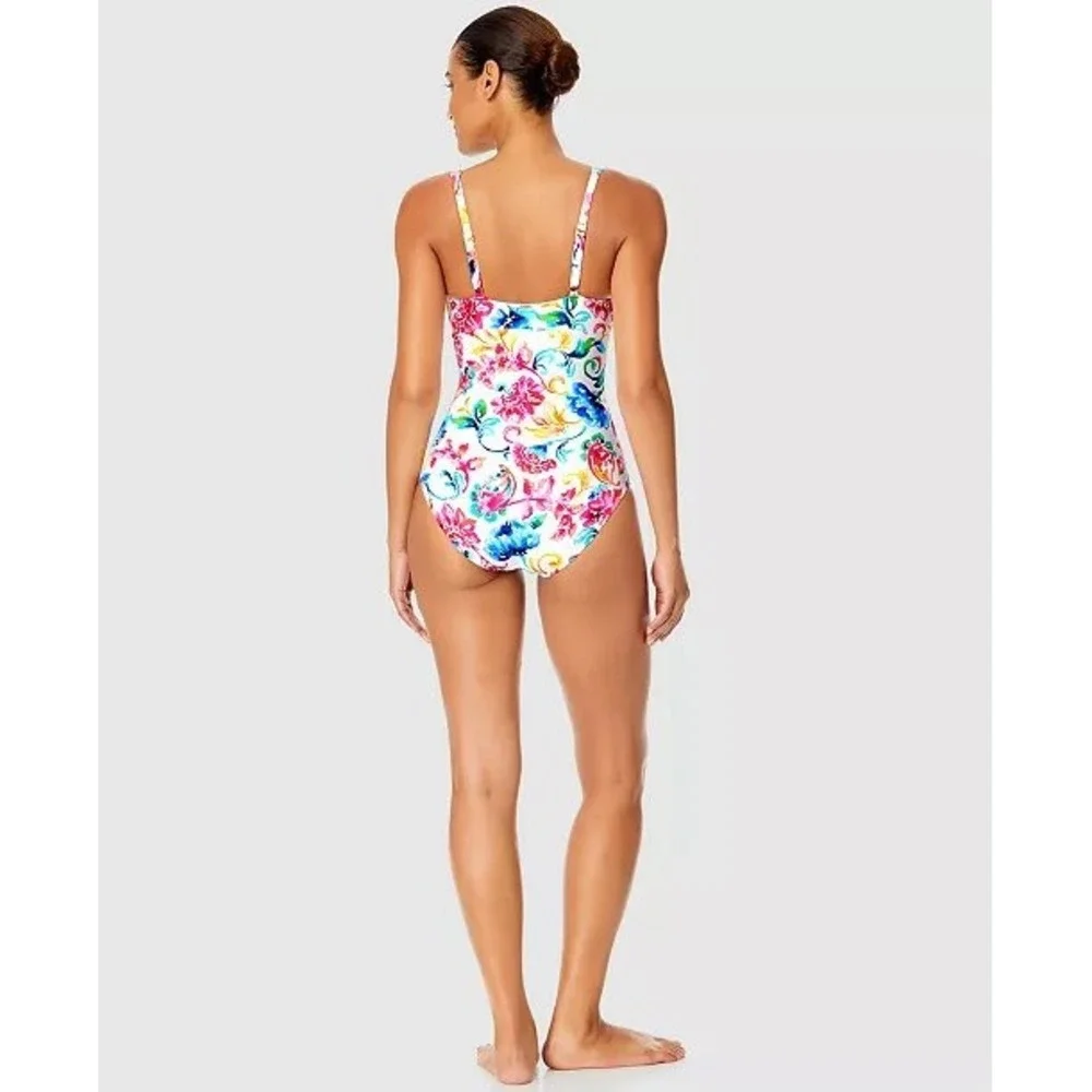 Anne Cole Womens Floral Paisley Ruched One Piece Swimsuit White‎ Multi Color 12